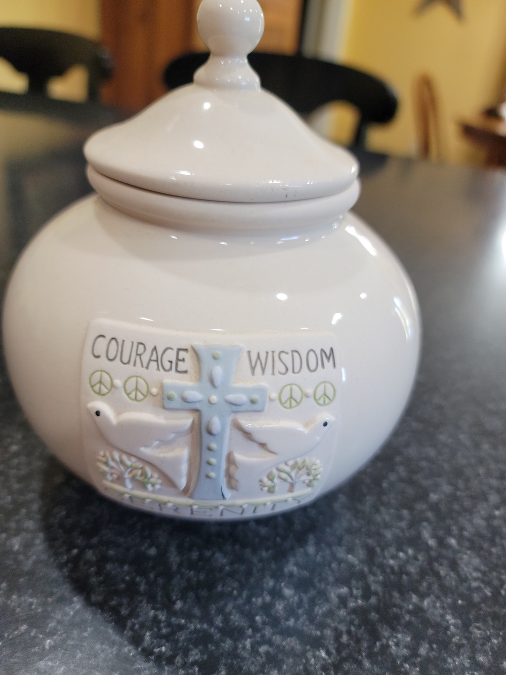 White Ceramic Jar with Cross and Doves - Courage Wisdom